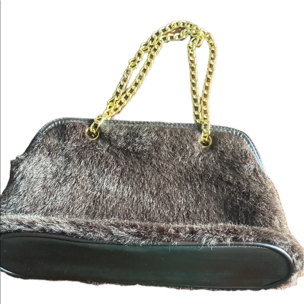Victoria’s Secret Faux Brown Fur and Gold Satchel Purse